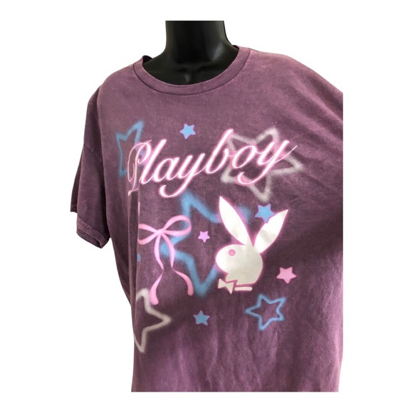 Pink mauve washed cotton blue stars Playboy bunny logo oversized t-shirt size XL - Picture 8 of 12